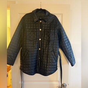 Black Pleather Quilted Jacket with Belt